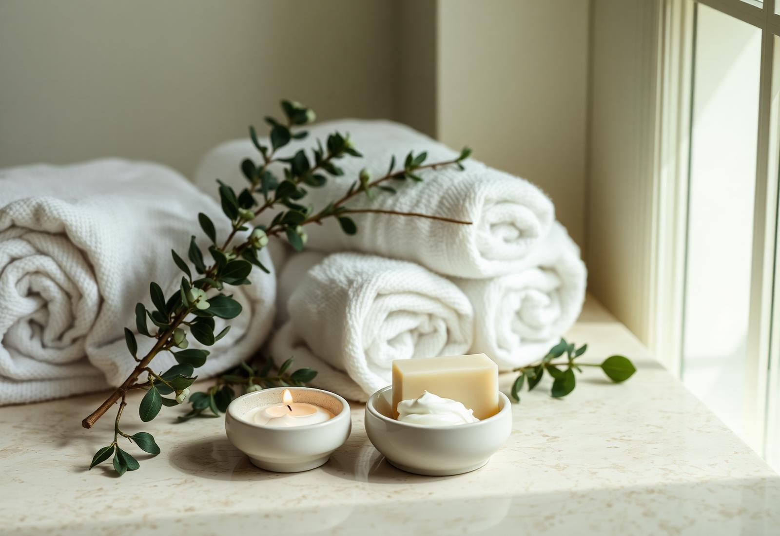 Spa scene with towels, candle, soap and eucalyptus